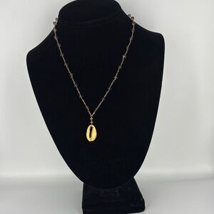 Gold Cowrie Shell Pendant Necklace Gray Stones
